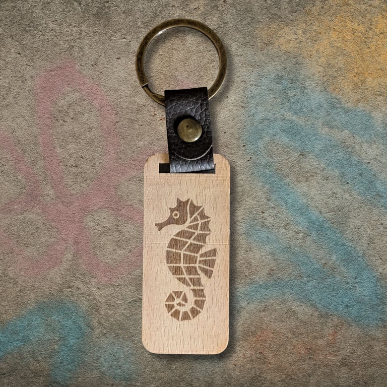 Geometric Seahorse Wooden Keyring – Walnut, Leather & Zinc Alloy