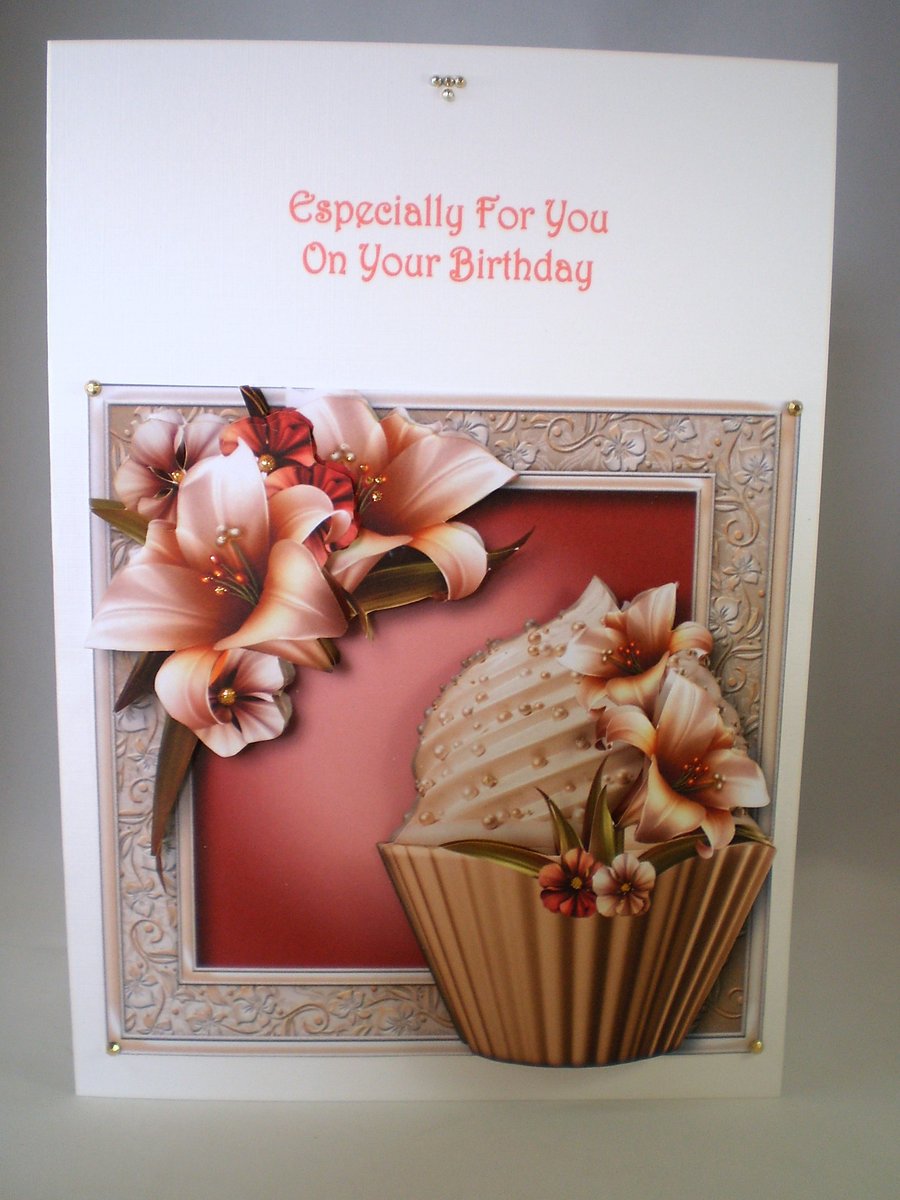 Handmade  Birthday Card, Cupcake,Flowers, 3D Decoupage, Personalise