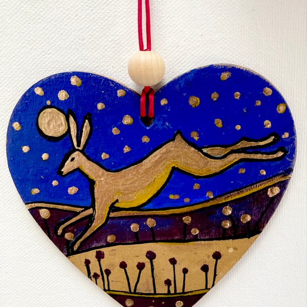 Gold Leaping Moon Hare Original Art hand Painted Hanging Heart 