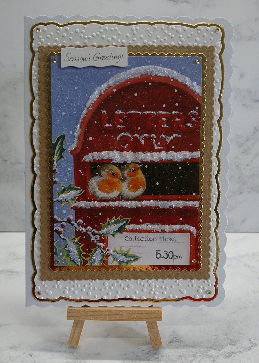 Christmas Card Season's Greetings Robins Royal Mail Postbox 3D Luxury Handmade