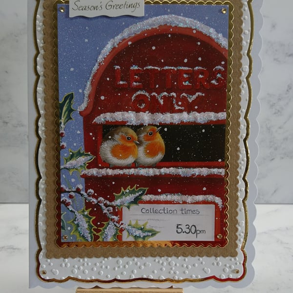 Christmas Card Season's Greetings Robins Royal Mail Postbox 3D Luxury Handmade