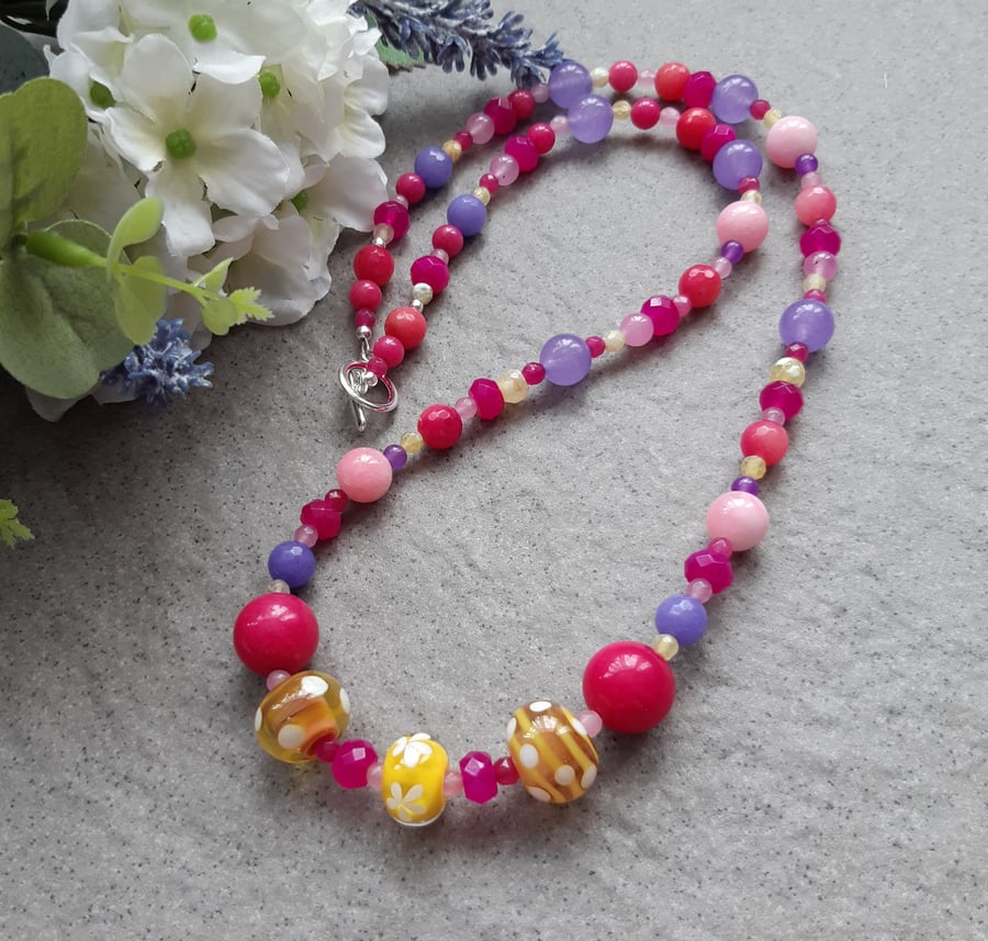 Colourful  Beaded Necklace With Semi Precious Gemstones and Glass Beads