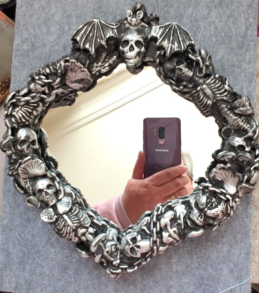 gothic mirror Vintage inspired  skeleton skull bat Toadstool Mushroom 