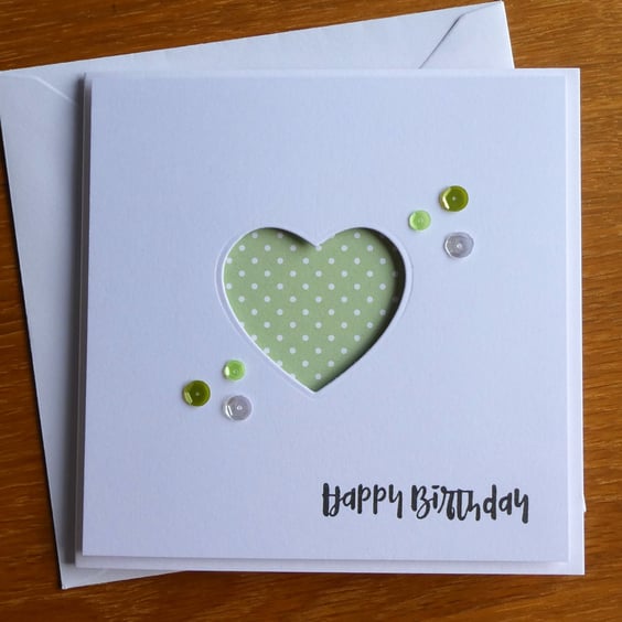 Green and White Polka Dot Heart Aperture Birthday Card
