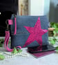 Recycled Denim Clutch Bag with Vibrant Pink Star and Detachable Suede Strap - Image 6