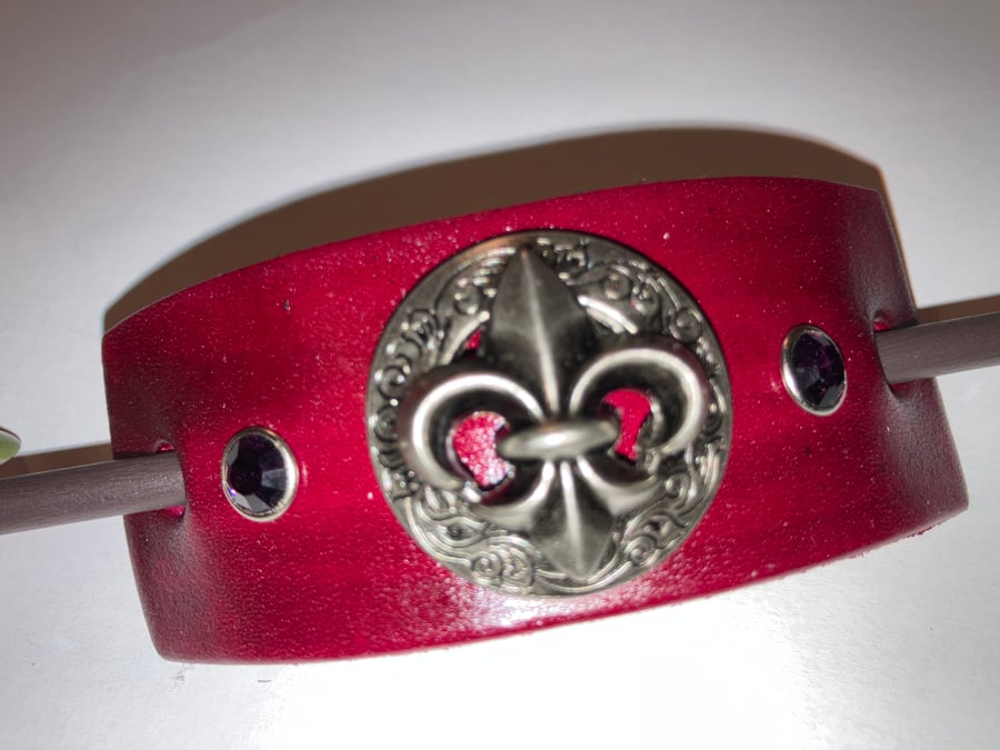 Dyed Red Leather Hair Stick Barrette - Fleur de Lis & 2 Dark Purple Gemstones