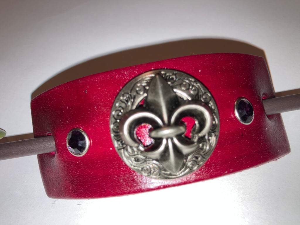 Dyed Red Leather Hair Stick Barrette - Fleur de Lis & 2 Dark Purple Gemstones
