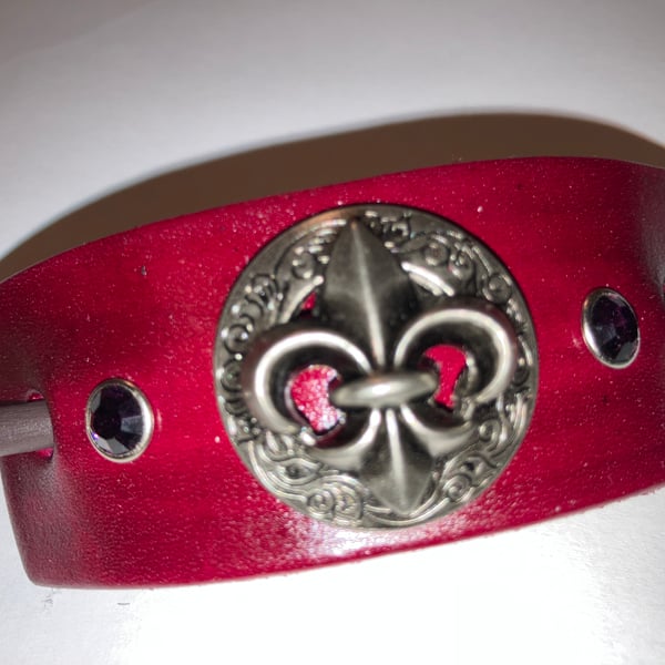Dyed Red Leather Hair Stick Barrette - Fleur de Lis & 2 Dark Purple Gemstones