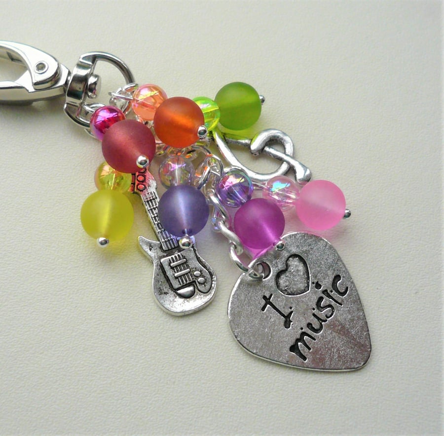 Multicoloured Frosted Glass Bead Silver Music Guitar Keyring Bag Charm  KCJ2416