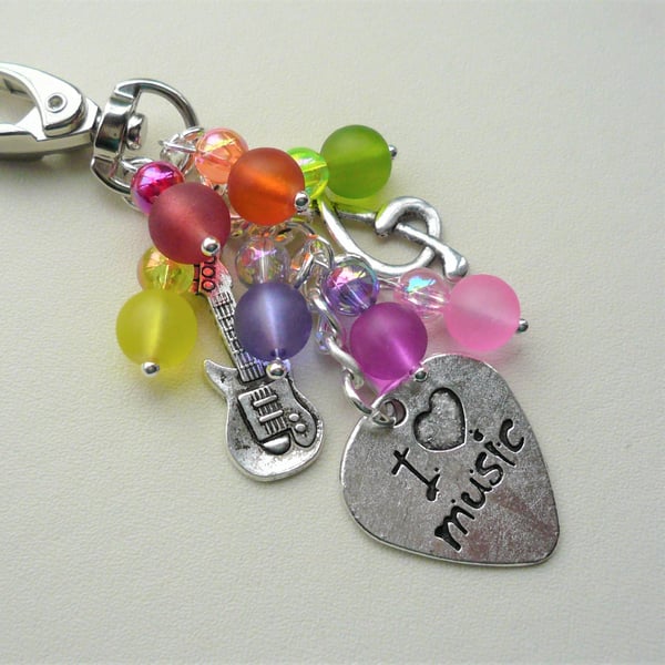 Multicoloured Frosted Glass Bead Silver Music Guitar Keyring Bag Charm  KCJ2416