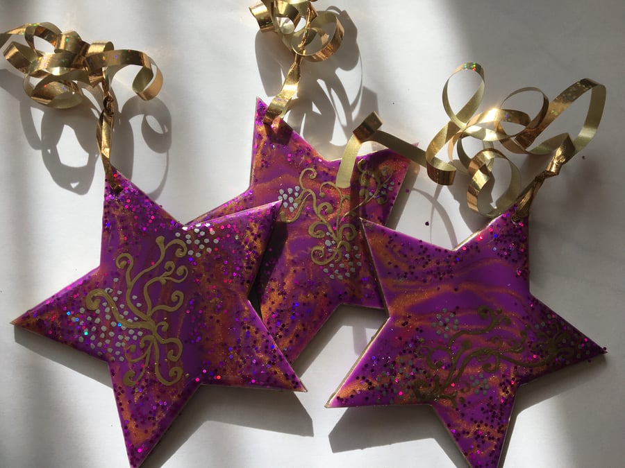 Christmas ornaments, decorations, stars, set of 3, purple, gold, silver, sparkly