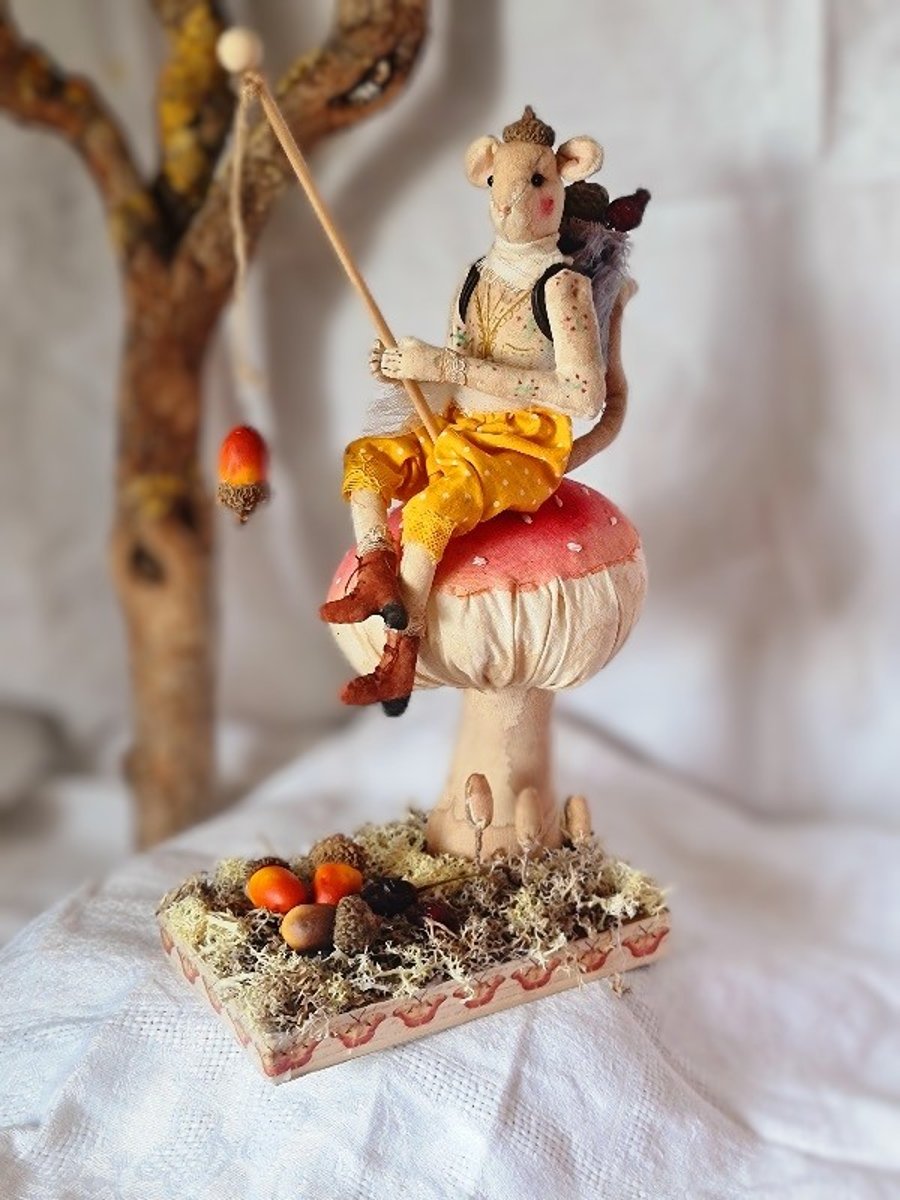 Fishing for acorns soft sculpture mouse