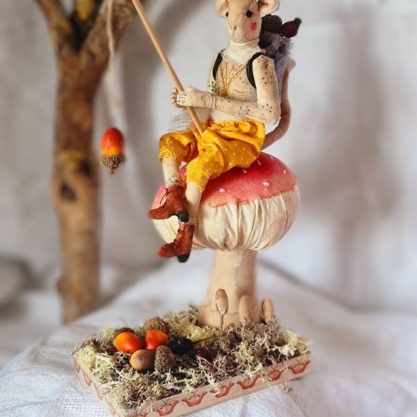Fishing for acorns soft sculpture mouse