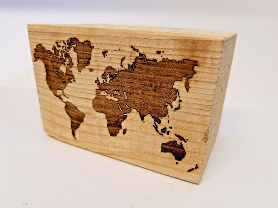 Map of the World Laser Engraved Wooden Pallet Block Home Decor