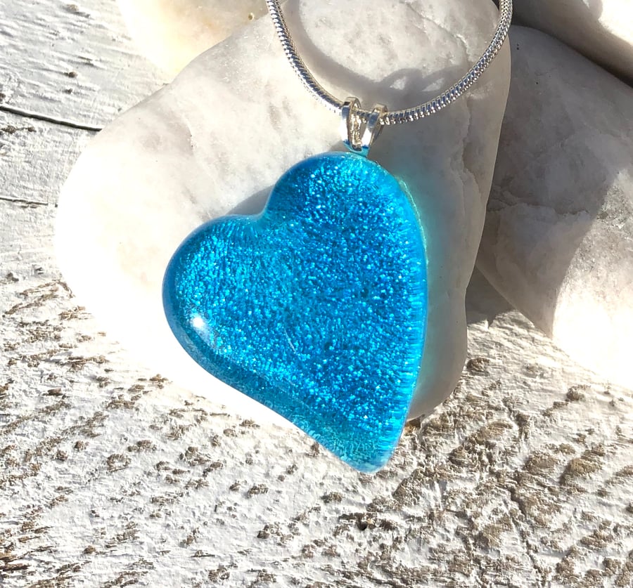 Silver & Turquoise Glass Heart Necklace