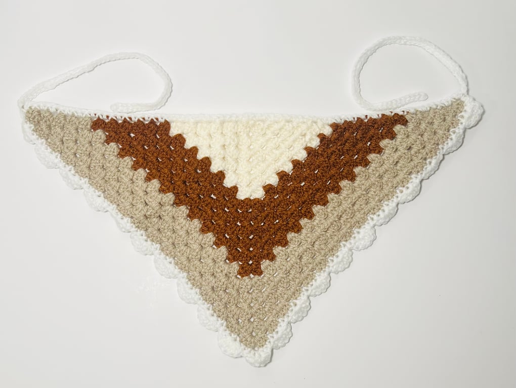 Handmade Crochet Bandana in Coffee & Cream -  Boho Hair Scarf - Cottagecore 