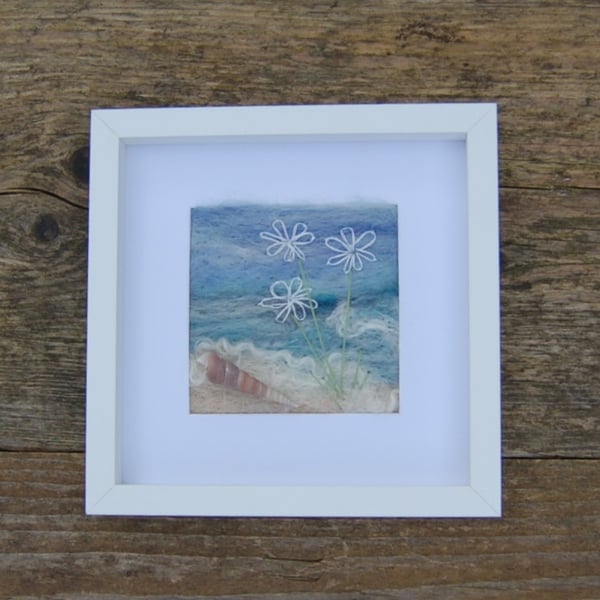Coastal Art Needle felted and hand embroidered  framed picture - Seashore Scene