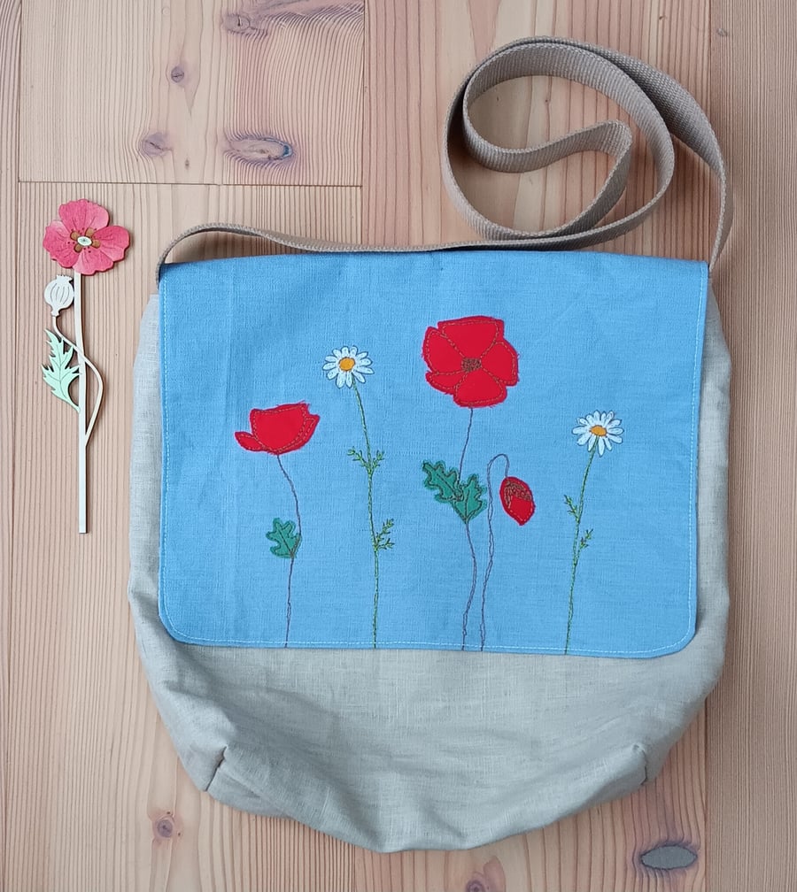 Linen Messenger Bag with Embroidered Poppies and Daisies