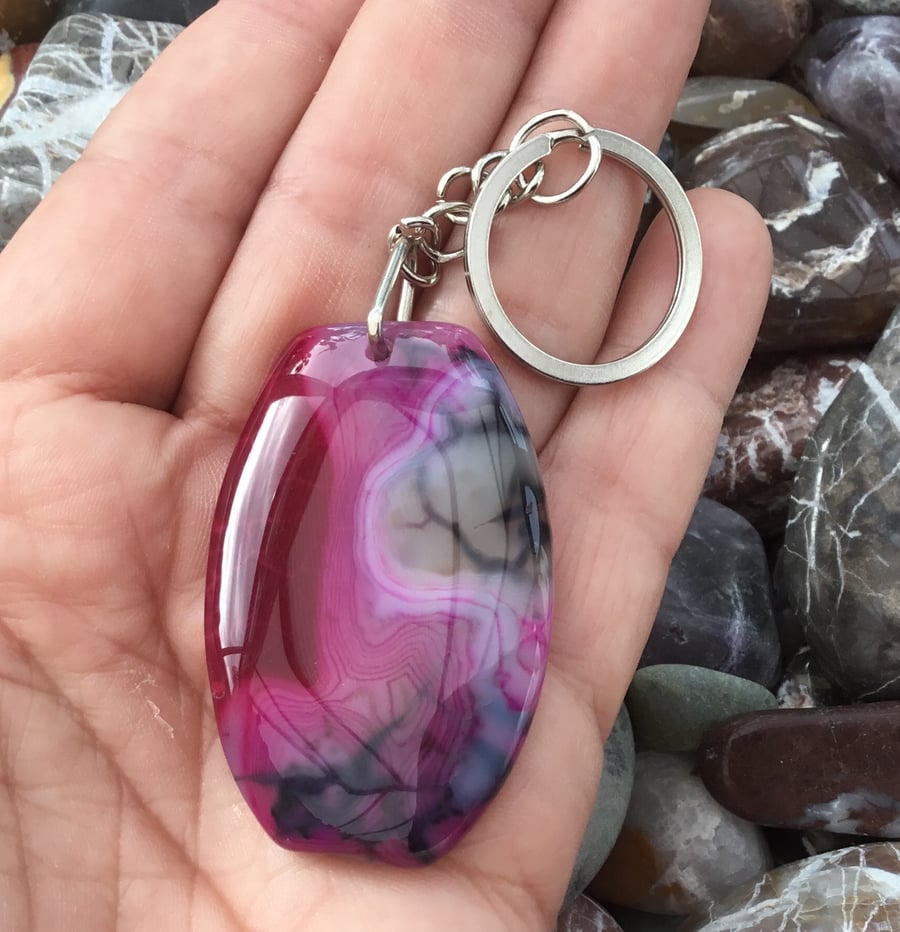 Fuchsia Fusion!  Lovely Fancy Agate Gemstone Keyring or Handbag Charm.