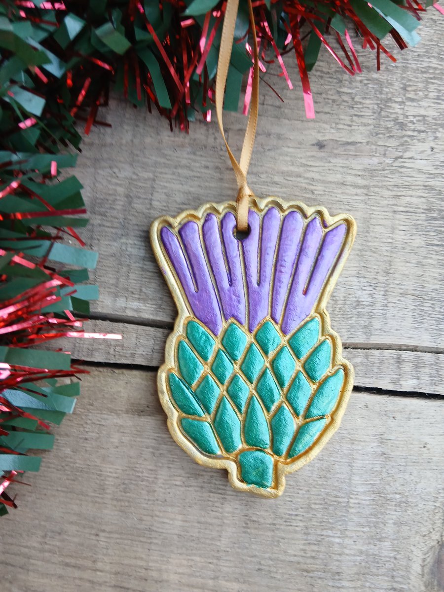 Large Scottish Thistle Green, Purple & Gold Christmas Tree Ornament