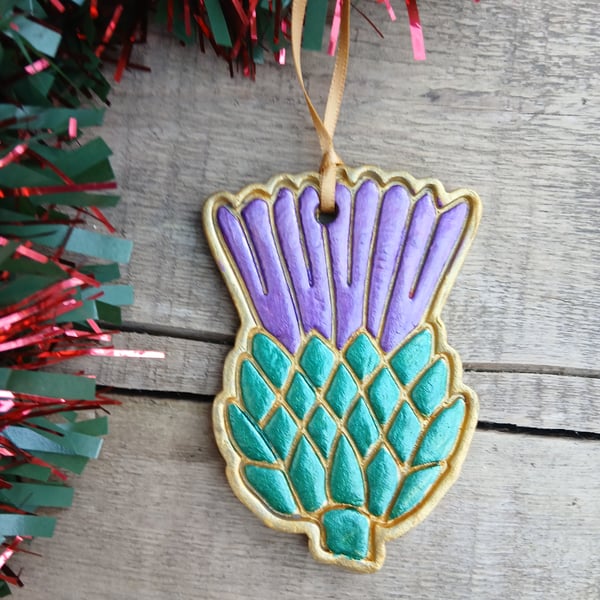 Large Scottish Thistle Green, Purple & Gold Christmas Tree Ornament
