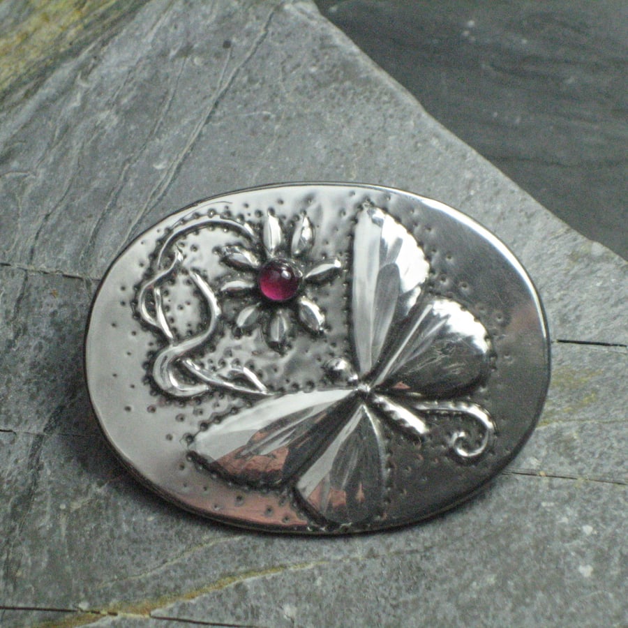 Butterfly Garnet Brooch in Pewter