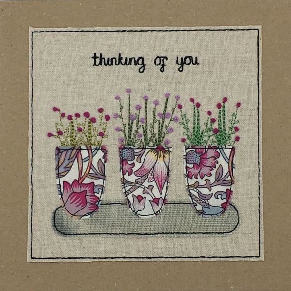 Flower pots card,  Thinking of you card, Textile Embroidered Card, Linen card