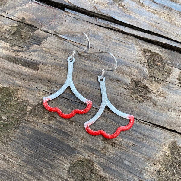 Red, White & Glitter Enamel Flower on Sterling Silver Earrings