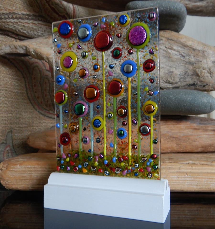Handmade Fused Glass 'IN THE GARDEN' standing picture.