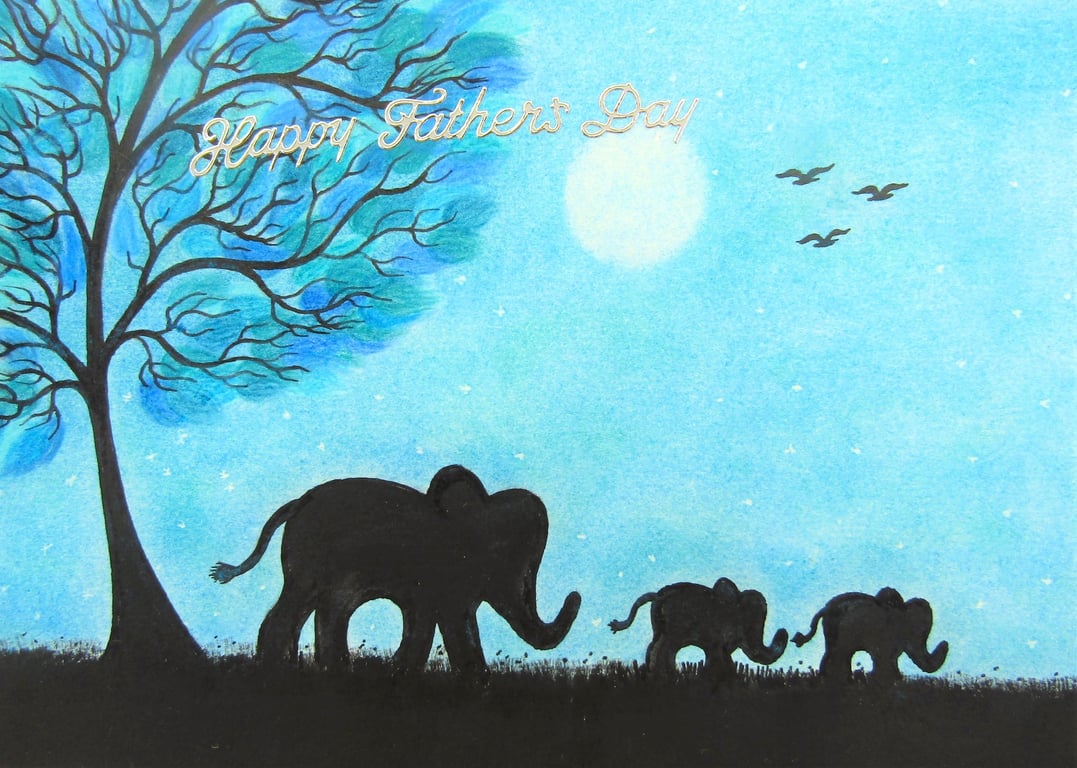 Fathers Day Card, Elephants Moon Tree, Happy Fathers Day Art Card, Baby Elephant