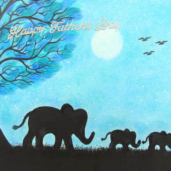 Fathers Day Card, Elephants Moon Tree, Happy Fathers Day Art Card, Baby Elephant