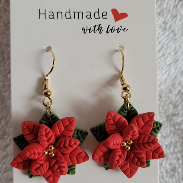 Handmade Poinsettia Christmas Polymer Clay Earrings. 316 Stainless Steel