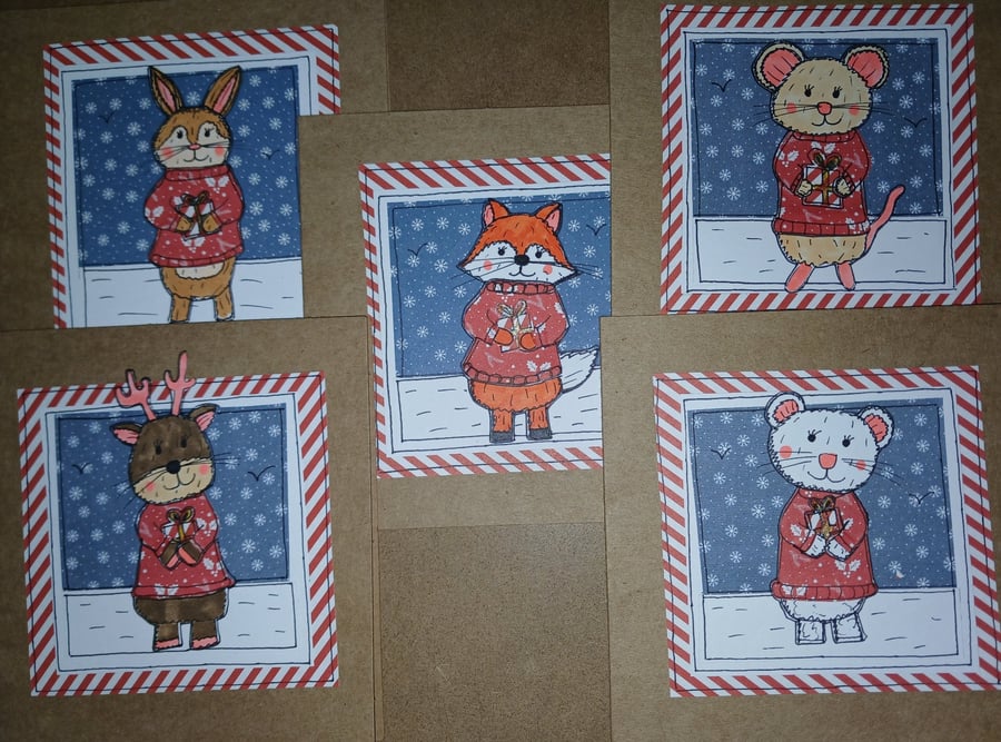 Set of 5 christmas animals in their christmas jumpers, whimsical art, handmade.