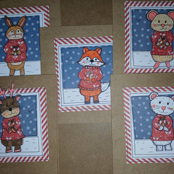 Set of 5 christmas animals in their christmas jumpers, whimsical art, handmade.