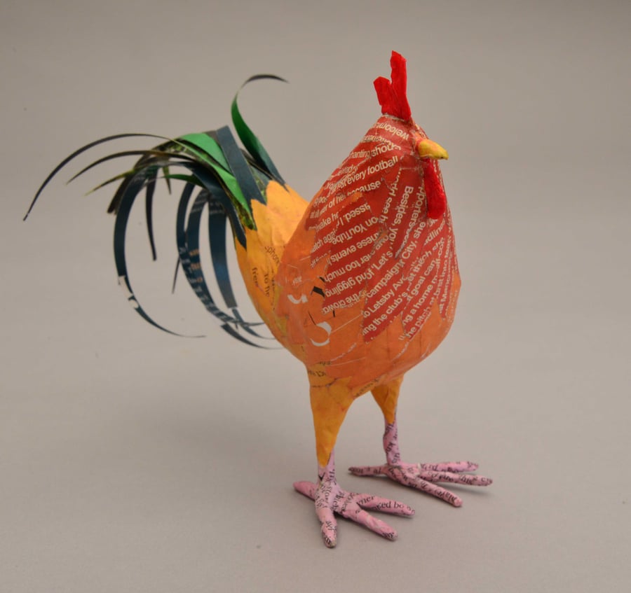 Papier mâché rooster.  Hand-crafted and recycled.  Quirky and colourful 