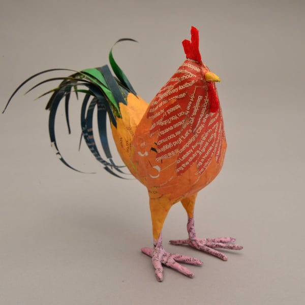 Papier mâché rooster.  Hand-crafted and recycled.  Quirky and colourful 