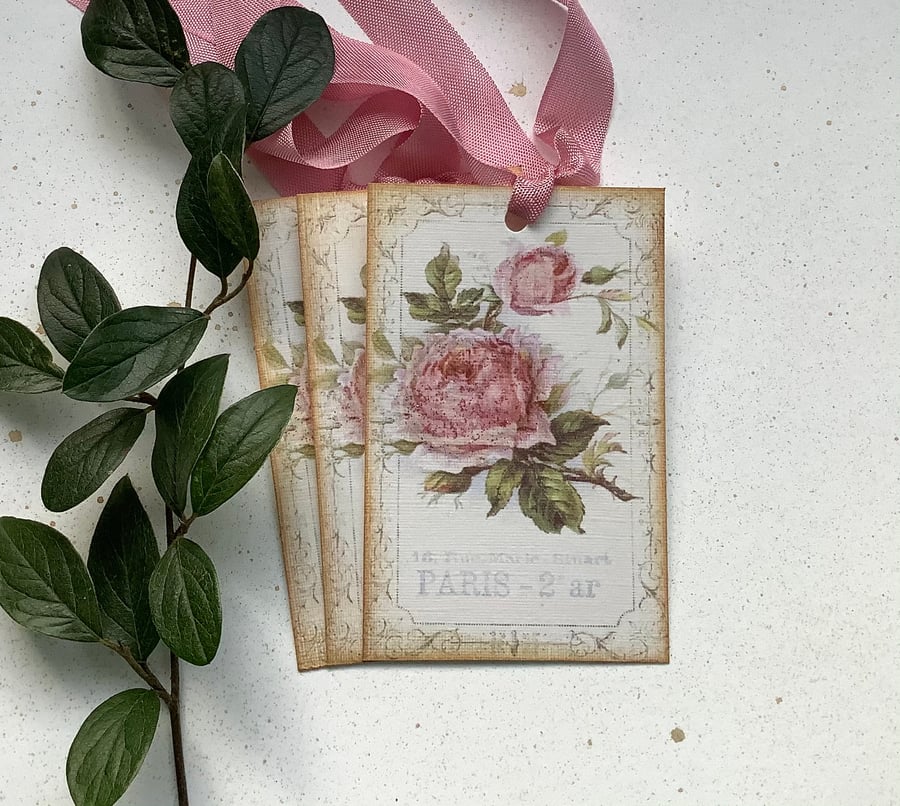 GIFT TAGS  ( set of 3 ) .Vintage -style  'Paris Rose '..ready to ship