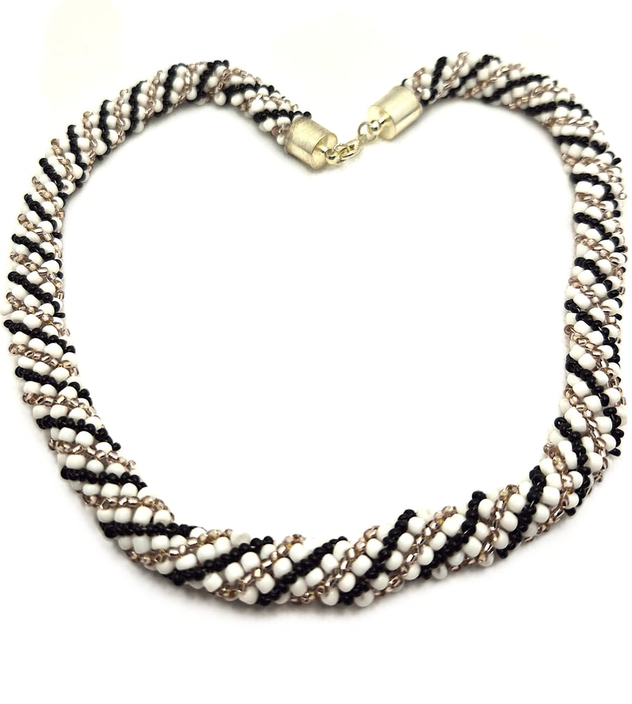 Black silver and white twisted rope seed bead necklace