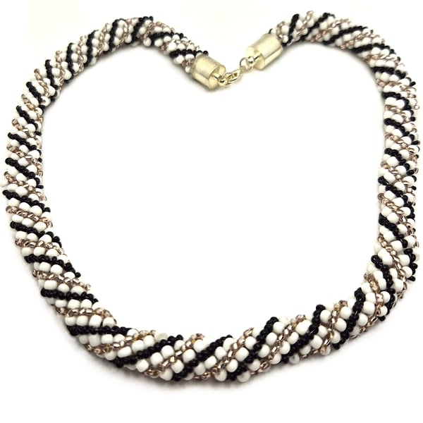 Black silver and white twisted rope seed bead necklace
