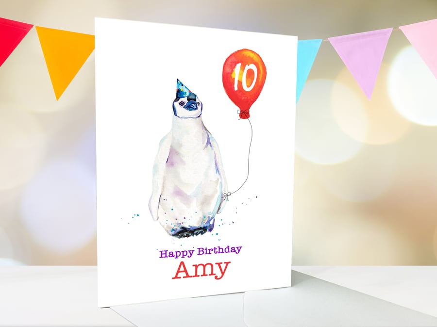 Personalised penguin chick birthday card, premium quality
