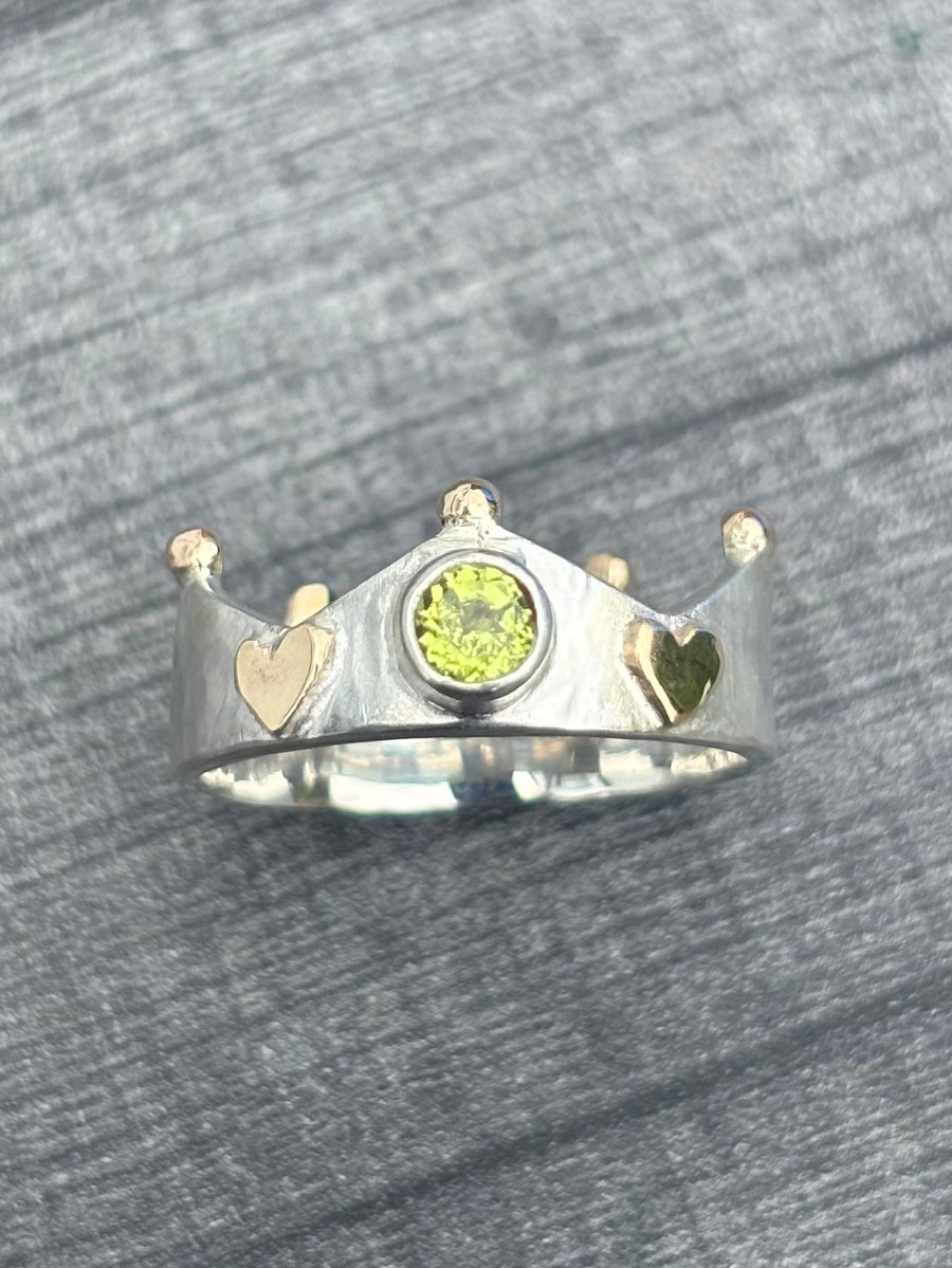 Peridot Crown Ring, silver crown ring, peridot ring, silver and gold ring, heart