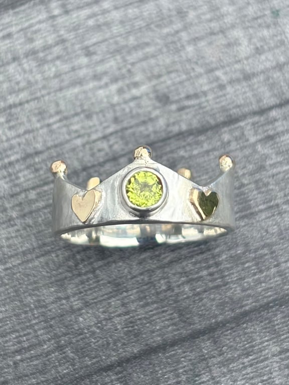 Peridot Crown Ring, silver crown ring, peridot ring, silver and gold ring, heart
