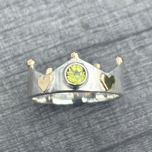 Peridot Crown Ring, silver crown ring, peridot ring, silver and gold ring, heart