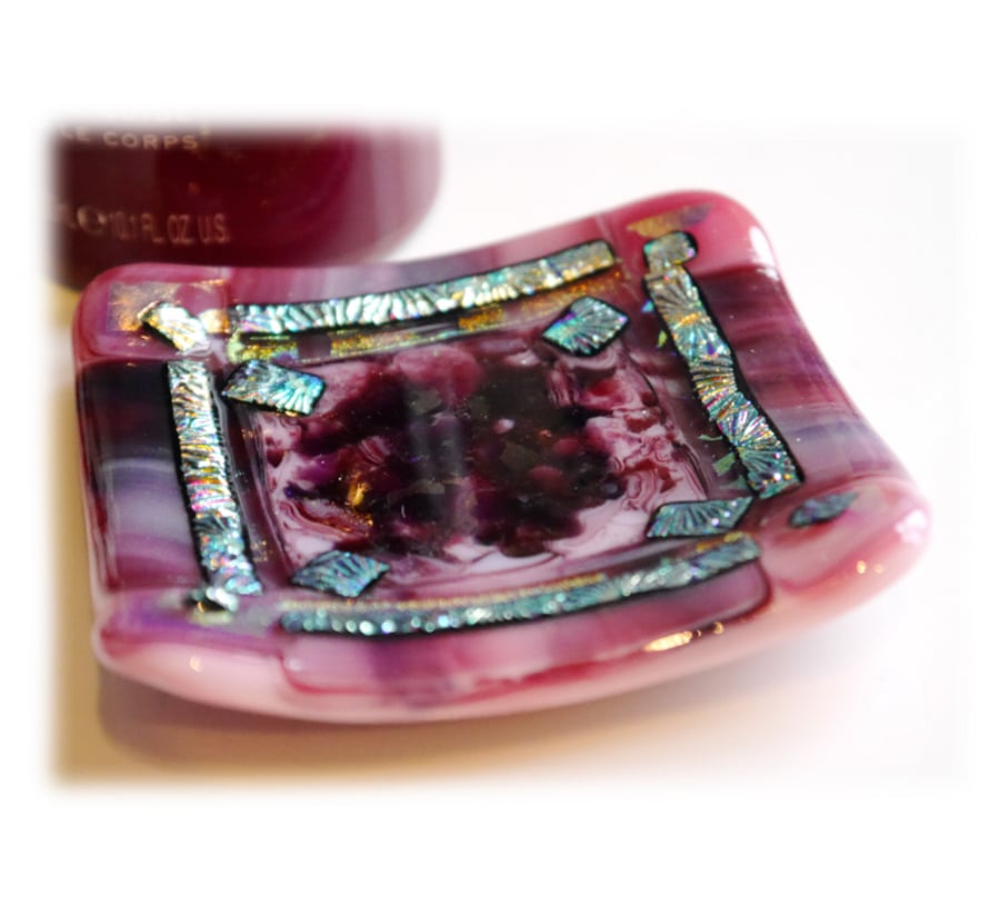 Fused Glass Trinket Dish 8.5cm Pink Plum Bordered Dichroic 016