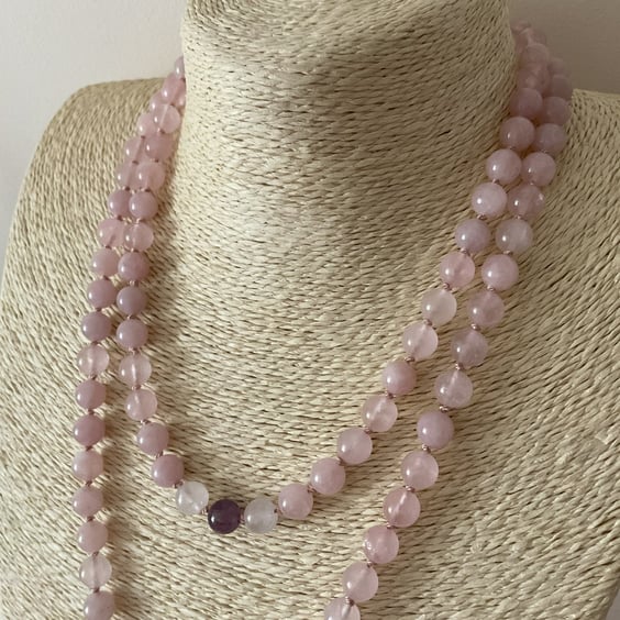 Rose Quartz, Phantom Quartz, White Jade, long hand knotted necklace 
