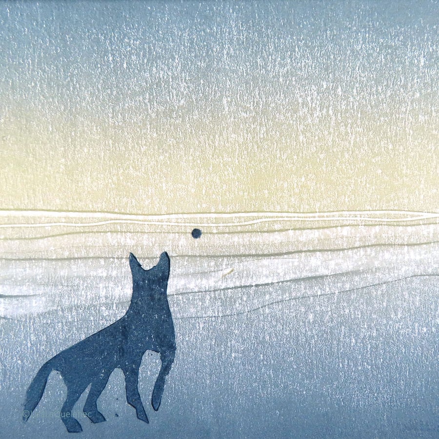 Monoprint evening beach with a dog at play original art ready to frame