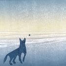 Monoprint evening beach with a dog at play original art ready to frame