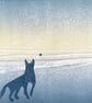 Monoprint evening beach with a dog at play original art ready to frame