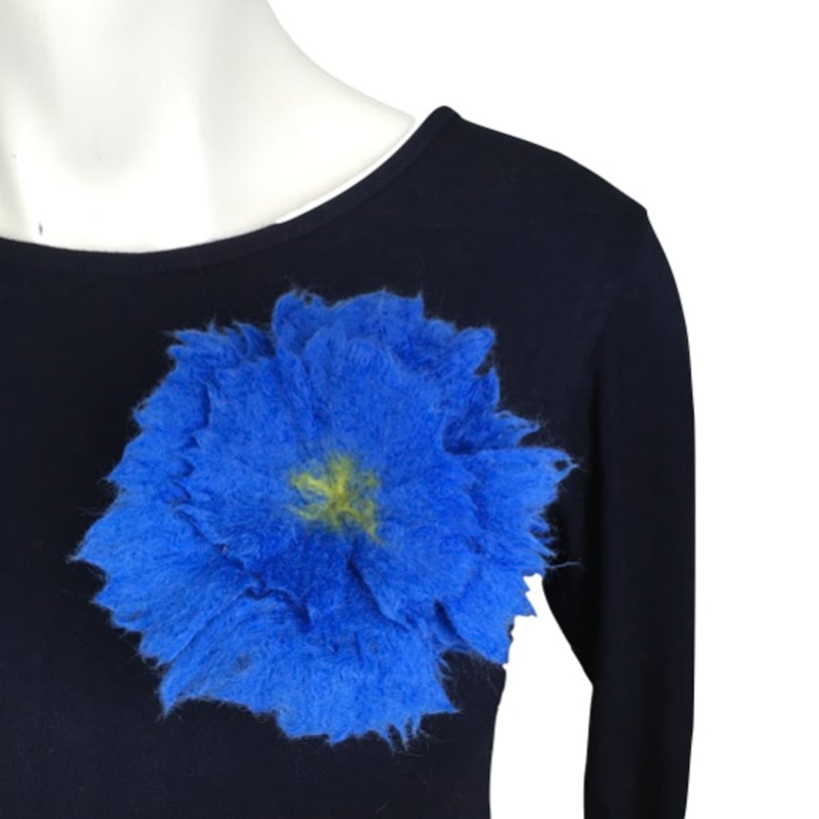 Blue flower brooch or corsage, lapel or scarf pin, hand felted