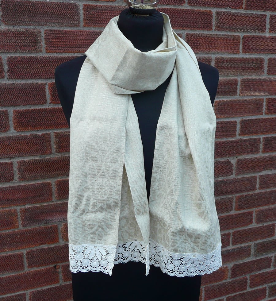 Scarf, cream beige lace edge cashmere, woo, linen mixed ladies scarf